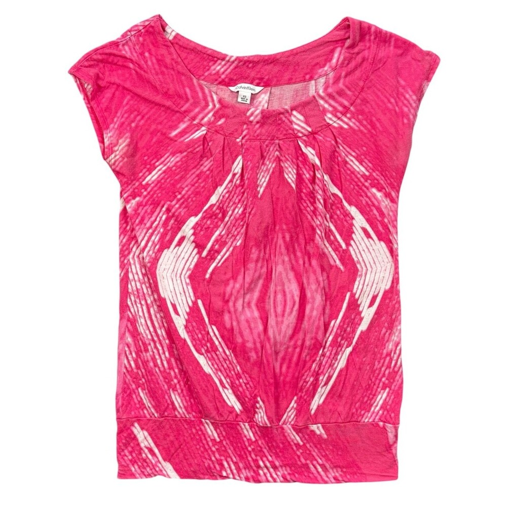 Calvin Klein Pink Long Crop Top XS Abstract Pleats Cap Sleeve Banded Hem‎ Retro